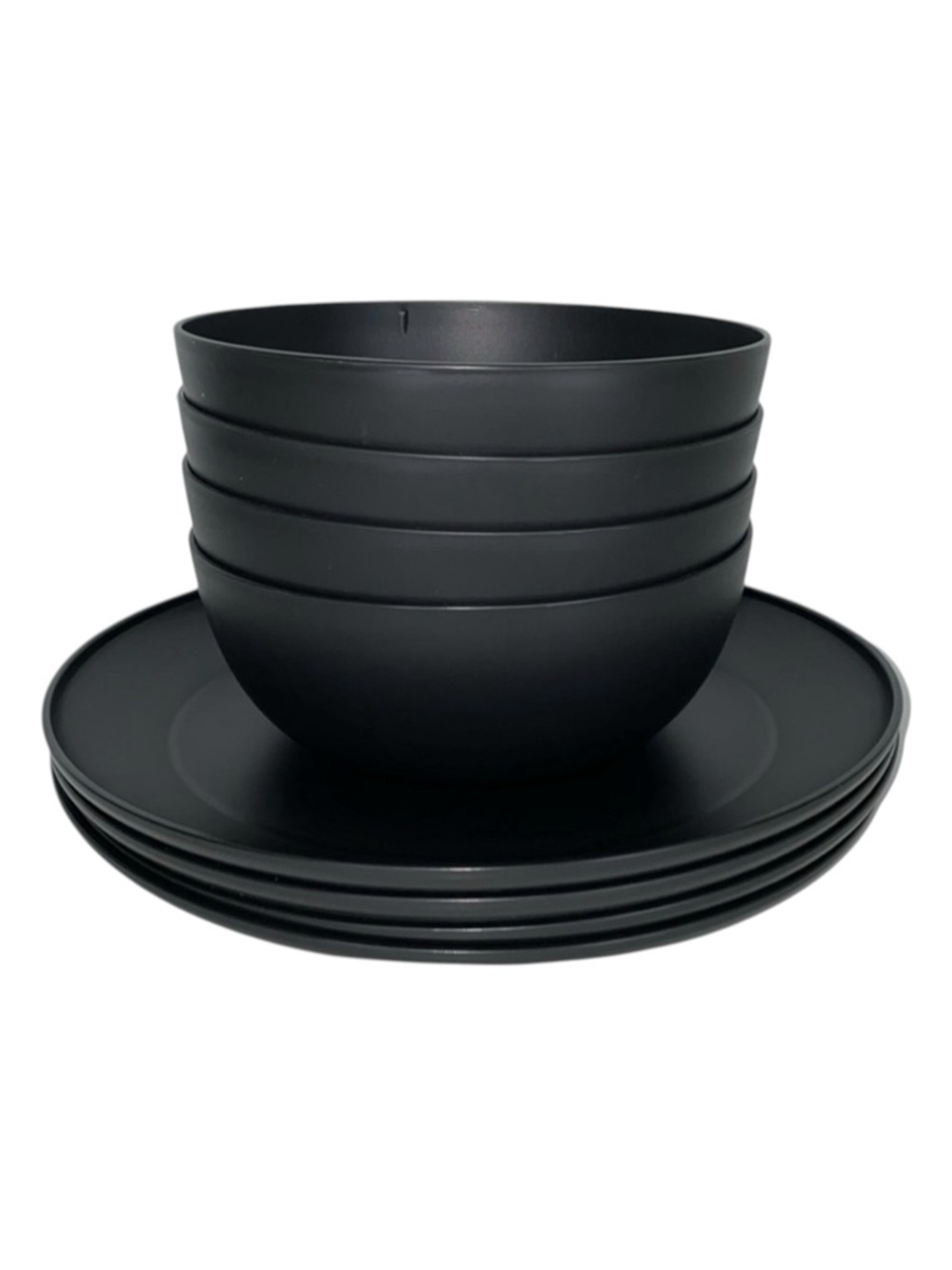 8 Piece Black Plastic 4 Plates, 4 Bowls Set